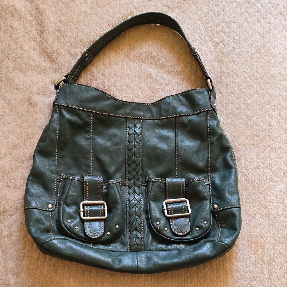 Tignanello Green Leather Shoulder Bag with Braided Detail